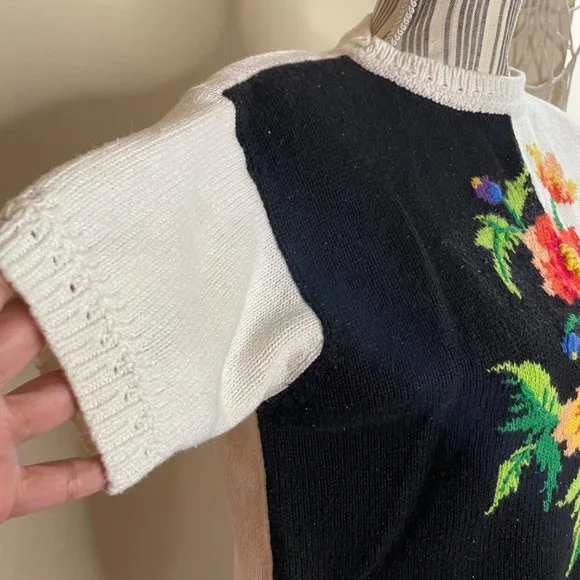 Vintage 80s Tiara International Floral Bouquet Knitted Sweater Shirt Blouse Sz S - Picture 3 of 11